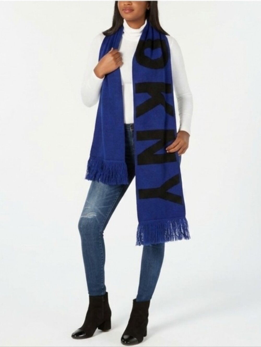 DKNY Womens BOLD Logo Fringe Scarf Wrap Black Blue One Size